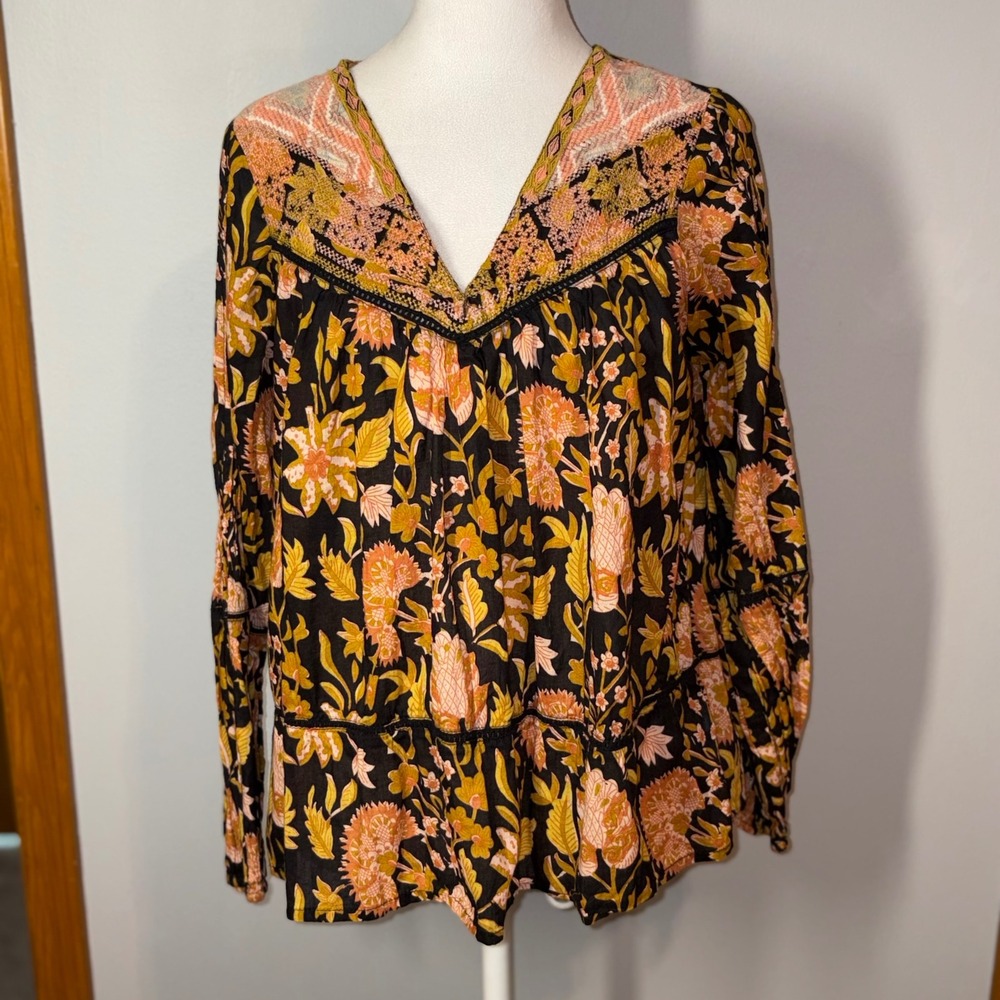 Rachel Zoe Black Floral Embroidered Cotton Peasant‎ Blouse Small Boho V-Neck Top